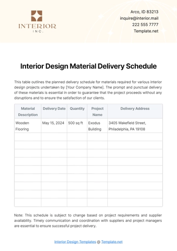 Free Interior Design Material Delivery Schedule Template to Edit Online