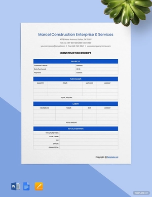 Sample Construction Receipt Template