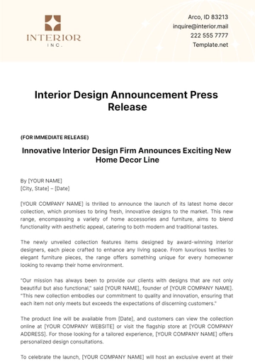 Free Interior Design Announcement Press Release Template to Edit Online