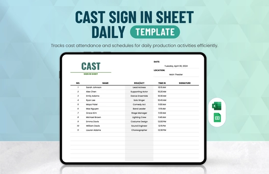 Cast Sign in Sheet Daily Template