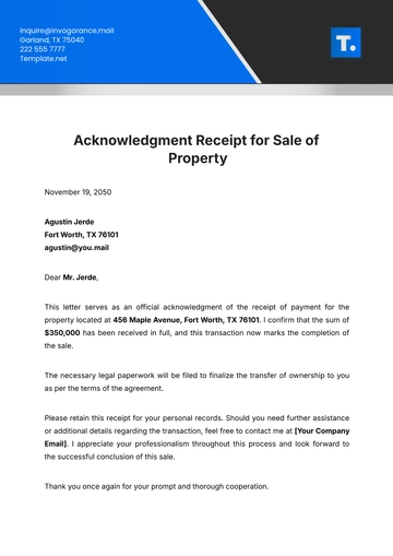 Free Acknowledgment Receipt For Sale Of Property Template to Edit Online