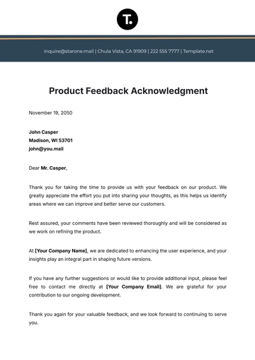 Free Product Feedback Acknowledgment Template to Edit Online