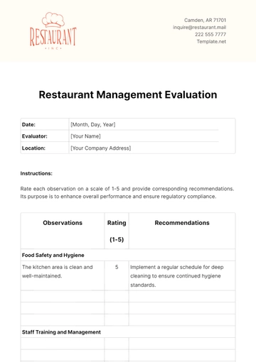 Free Restaurant Management Evaluation Template to Edit Online