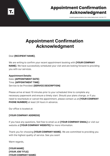 Free Appointment Confirmation Acknowledgment Template to Edit Online