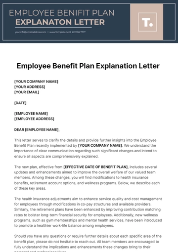 Free Employee Benefit Plan Explanation Letter Template to Edit Online