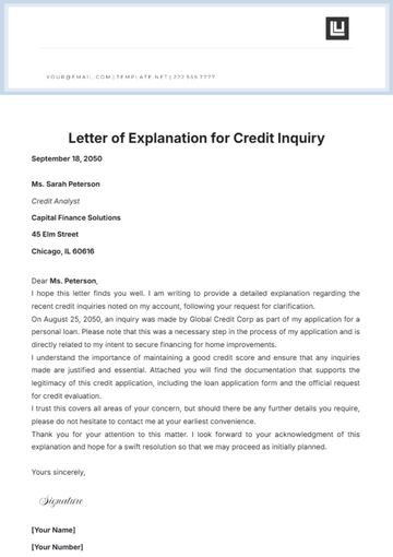 Free Letter Of Explanation Credit Inquiry Template to Edit Online