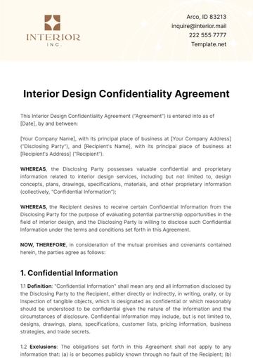 Free Interior Design Confidentiality Agreement Template to Edit Online