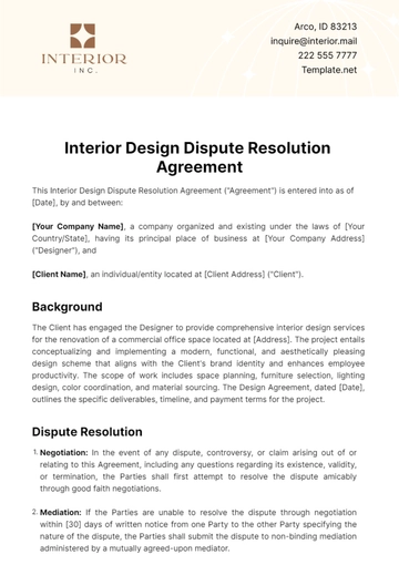 Free Interior Design Dispute Resolution Agreement Template to Edit Online