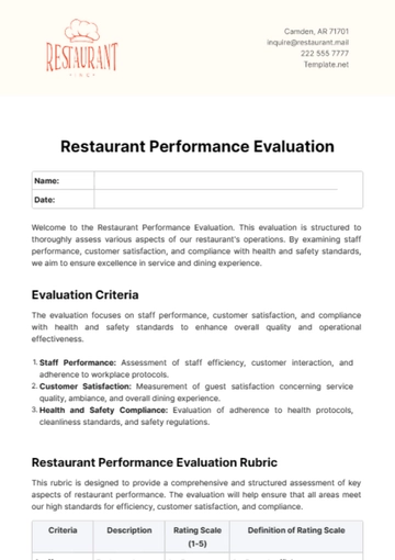 Free Restaurant Performance Evaluation Template to Edit Online