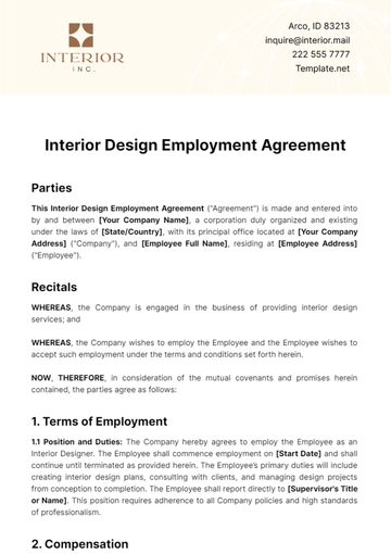 Free Interior Design Employment Agreement Template to Edit Online