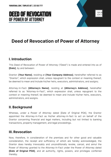 Free Deed Of Revocation Of Power Of Attorney Template to Edit Online