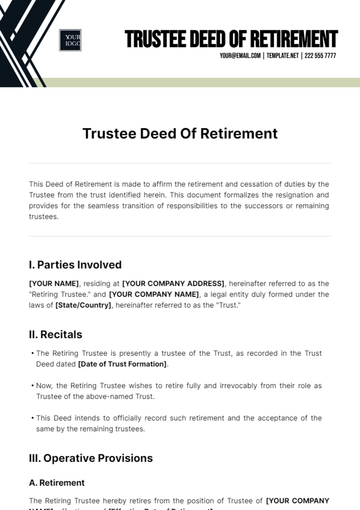 Free Trustee Deed Of Retirement Template to Edit Online