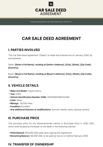 Free Car Sale Deed Agreement Template to Edit Online