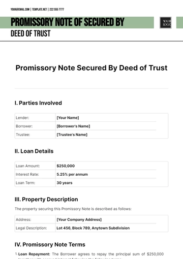 Free Promissory Note Secured By Deed Of Trust Template to Edit Online