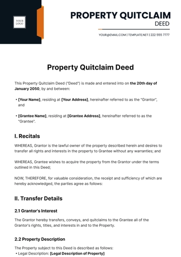 Free Property Quitclaim Deed Template to Edit Online