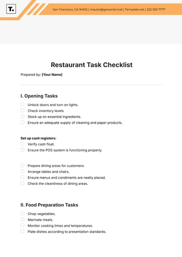 Free Restaurant Task Checklist Template to Edit Online