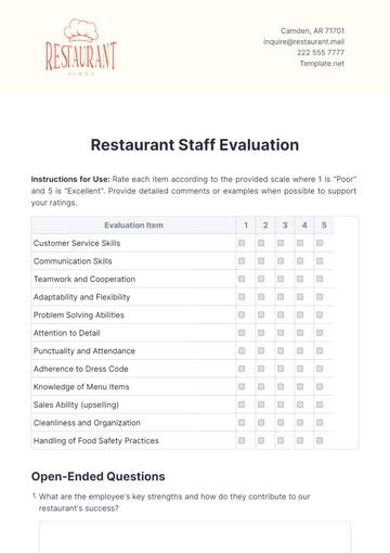 Free Restaurant Staff Evaluation Template to Edit Online