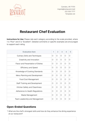 Free Restaurant Chef Evaluation Template to Edit Online