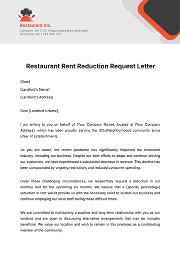 Free Restaurant Rent Reduction Request Letter Template to Edit Online