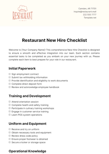 Free Restaurant New Hire Checklist Template to Edit Online