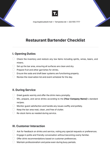 Free Restaurant Bartender Checklist Template to Edit Online