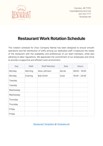 Free Restaurant Work Rotation Schedule Template to Edit Online