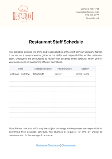Free Restaurant Staff Schedule Template to Edit Online