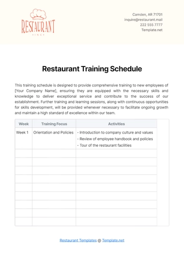 Free Restaurant Training Schedule Template to Edit Online