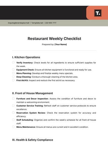Free Restaurant Weekly Checklist Template to Edit Online