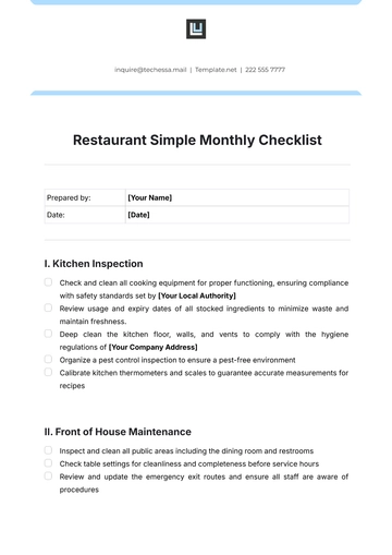 Free Restaurant Simple Monthly Checklist Template to Edit Online