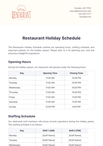 Free Restaurant Holiday Schedule Template to Edit Online