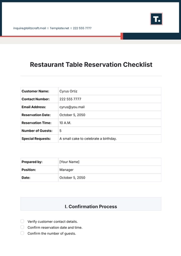 Free Restaurant Table Reservation Checklist Template to Edit Online