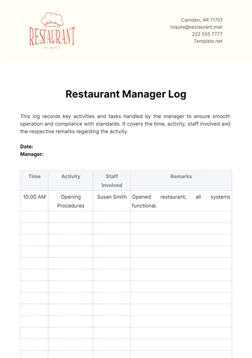 Free Restaurant Manager Log Template to Edit Online