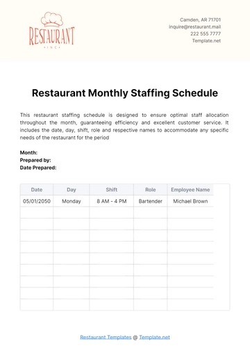 Free Restaurant Monthly Staffing Schedule Template to Edit Online