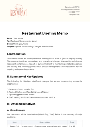 Free Restaurant Briefing Memo Template to Edit Online