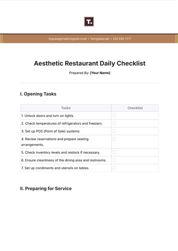 Free Aesthetic Restaurant Daily Checklist Template to Edit Online