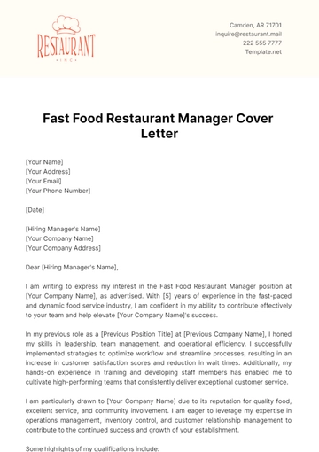 Free Fast Food Restaurant Manager Cover Letter Template to Edit Online