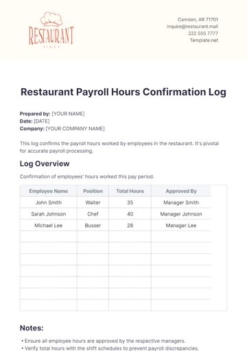 Free Restaurant Payroll Hours Confirmation Log Template to Edit Online