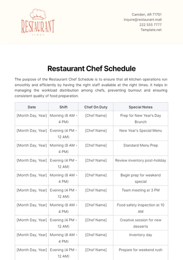 Free Restaurant Chef Schedule Template to Edit Online