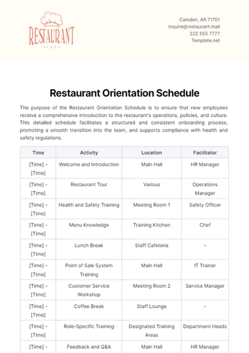 Free Restaurant Orientation Schedule Template to Edit Online