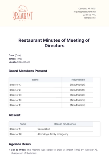 Free Restaurant Minutes of Meeting of Directors Template to Edit Online