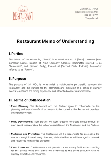 Free Restaurant Memo of Understanding Template to Edit Online