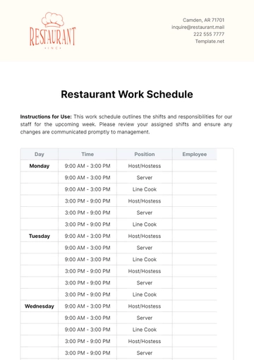 Free Restaurant Work Schedule Template to Edit Online