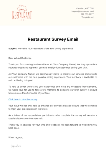 Free Restaurant Survey Email Template to Edit Online