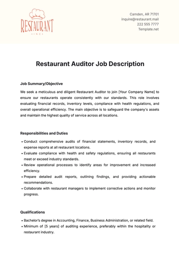 Free Restaurant Auditor Job Description Template to Edit Online