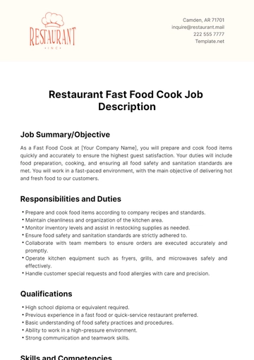 Free Restaurant Fast Food Cook Job Description Template to Edit Online
