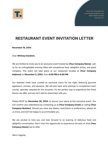 Free Restaurant Event Invitation Letter Template to Edit Online