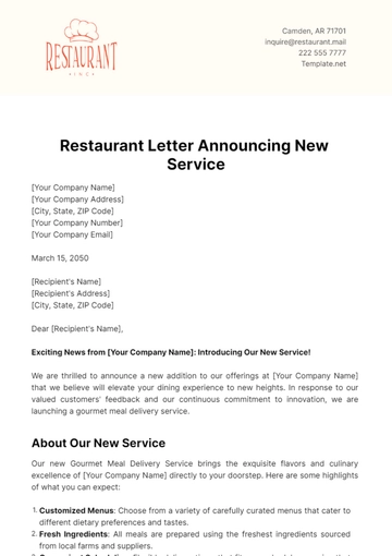 Free Restaurant Letter Announcing New Service Template to Edit Online