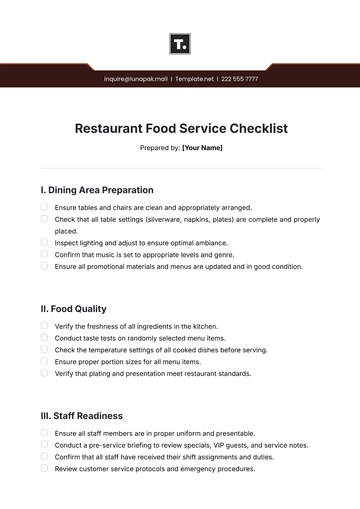 Free Restaurant Food Service Checklist Template to Edit Online