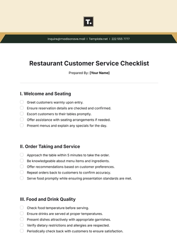 Free Restaurant Customer Service Checklist Template to Edit Online